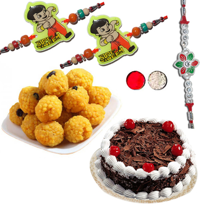 "Rakhis, chocolate cake - 1kg, 500gms of Laddu - Click here to View more details about this Product
